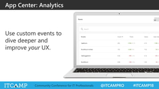 @ITCAMPRO #ITCAMP18Community Conference for IT Professionals
Use custom events to
dive deeper and
improve your UX.
App Center: Analytics
 