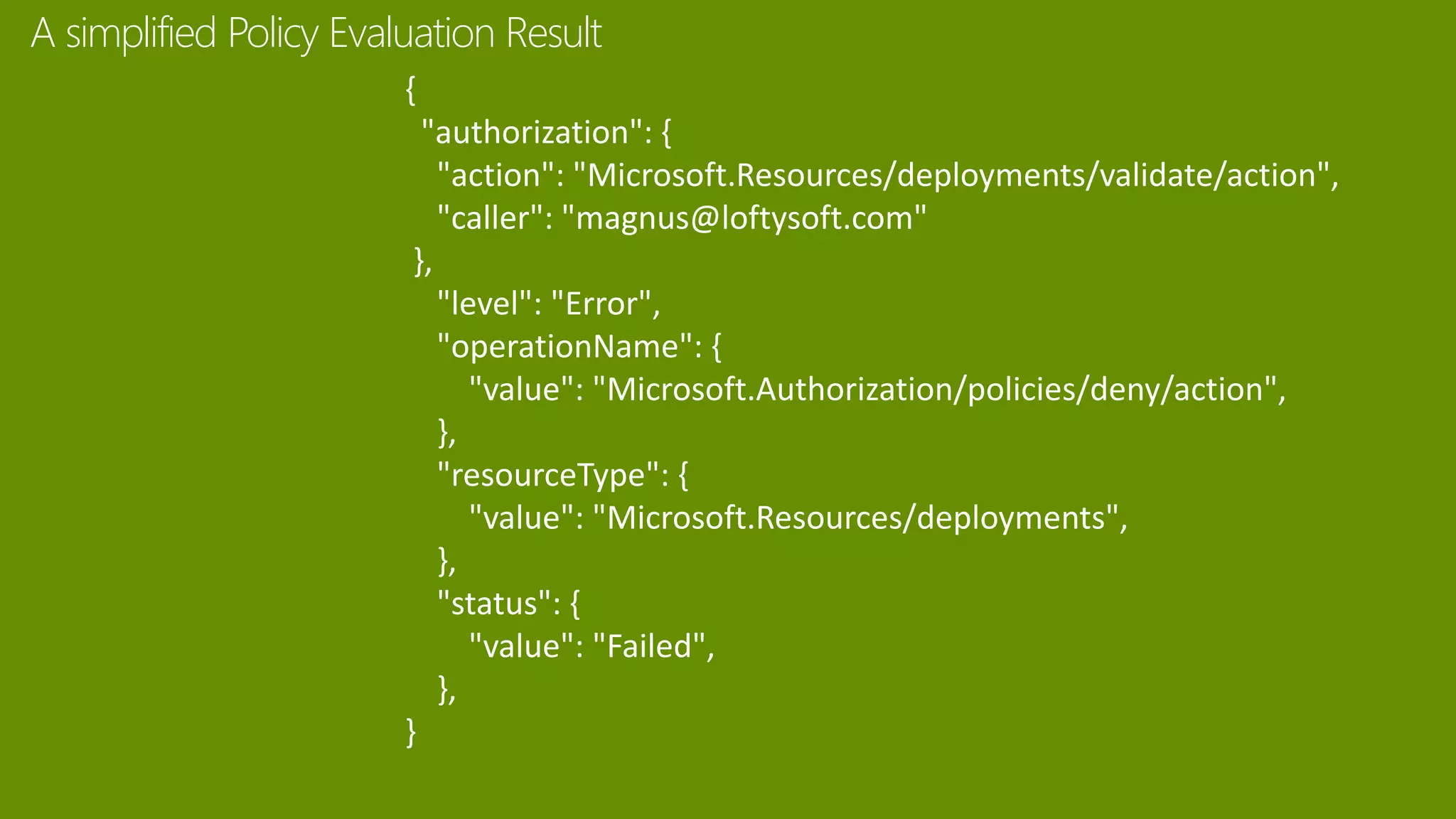 A simplified Policy Evaluation Result
{
"authorization": {
"action": "Microsoft.Resources/deployments/validate/action",
"caller": "magnus@loftysoft.com"
},
"level": "Error",
"operationName": {
"value": "Microsoft.Authorization/policies/deny/action",
},
"resourceType": {
"value": "Microsoft.Resources/deployments",
},
"status": {
"value": "Failed",
},
}
 