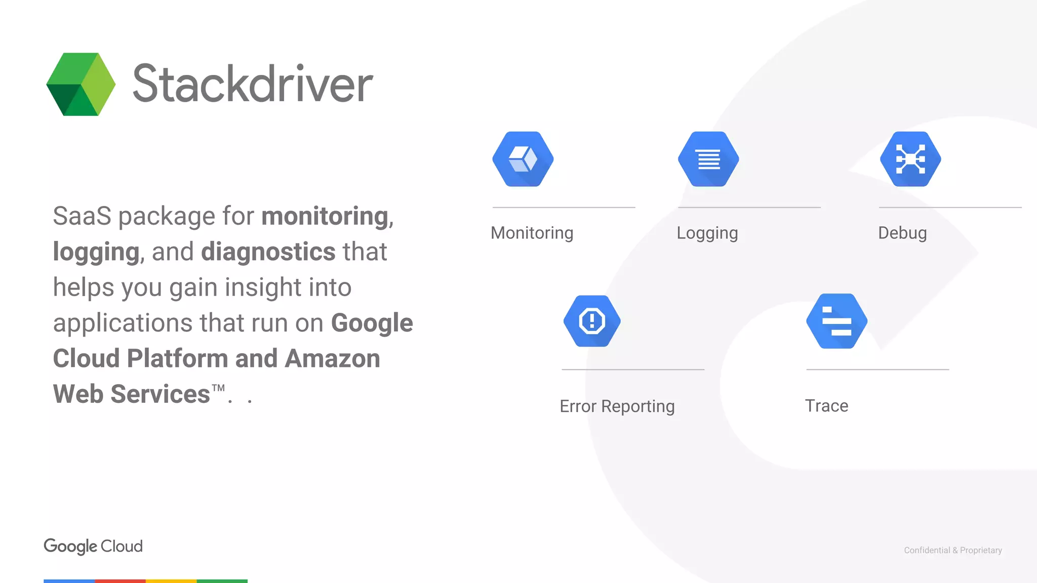 Confidential & Proprietary
Monitoring Logging
Error Reporting Trace
Debug
SaaS package for monitoring,
logging, and diagnostics that
helps you gain insight into
applications that run on Google
Cloud Platform and Amazon
Web Services™. .
 