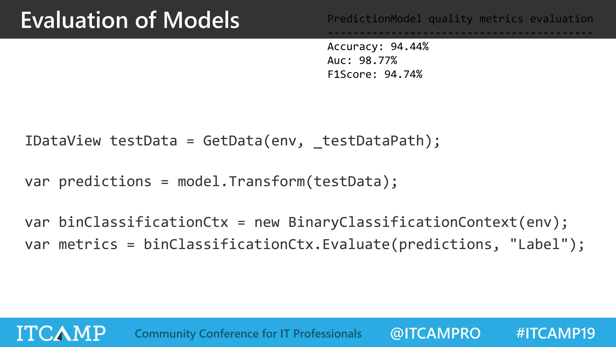 @ITCAMPRO #ITCAMP19Community Conference for IT Professionals
Evaluation of Models
IDataView testData = GetData(env, _testDataPath);
var predictions = model.Transform(testData);
var binClassificationCtx = new BinaryClassificationContext(env);
var metrics = binClassificationCtx.Evaluate(predictions, "Label");
PredictionModel quality metrics evaluation
------------------------------------------
Accuracy: 94.44%
Auc: 98.77%
F1Score: 94.74%
 
