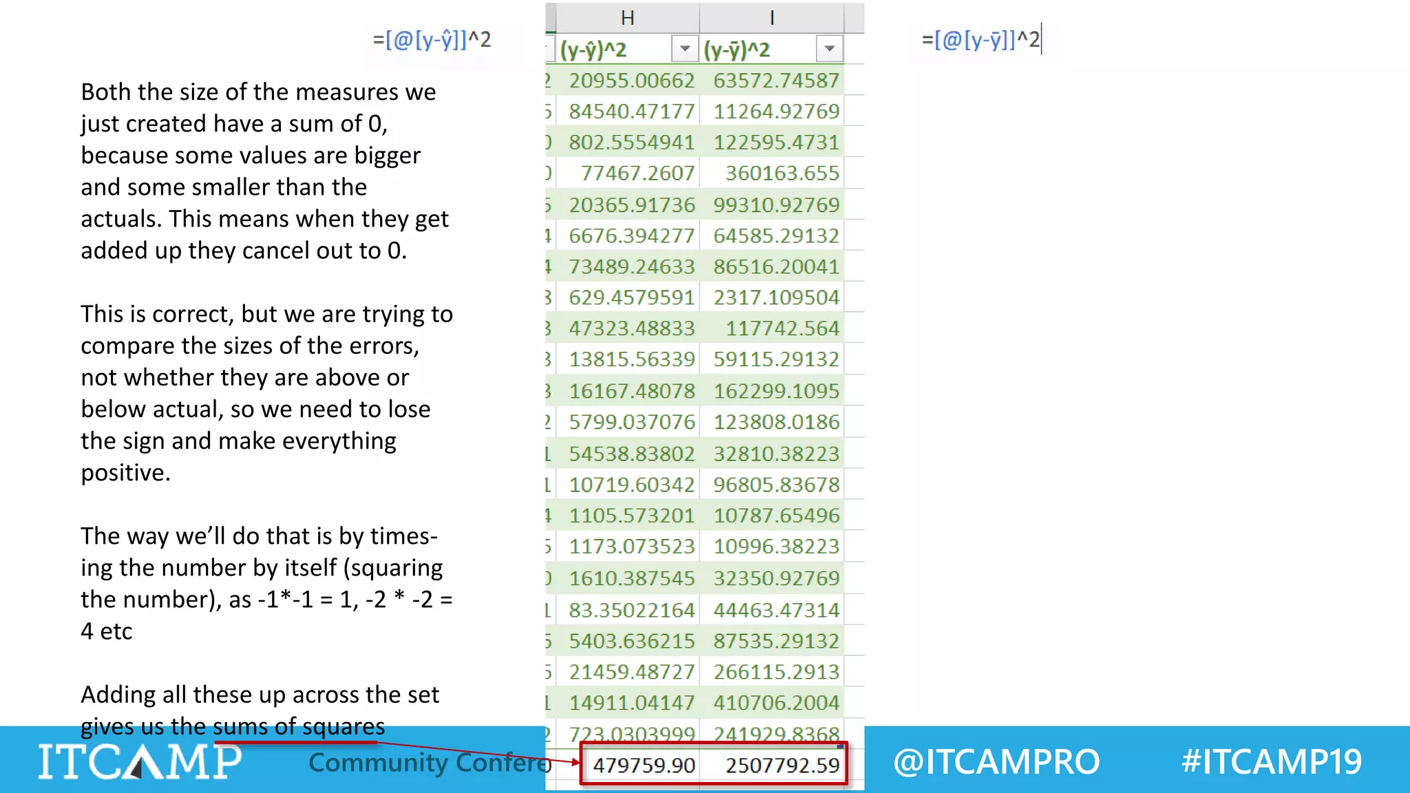 @ITCAMPRO #ITCAMP19Community Conference for IT Professionals
Both the size of the measures we
just created have a sum of 0,
because some values are bigger
and some smaller than the
actuals. This means when they get
added up they cancel out to 0.
This is correct, but we are trying to
compare the sizes of the errors,
not whether they are above or
below actual, so we need to lose
the sign and make everything
positive.
The way we’ll do that is by times-
ing the number by itself (squaring
the number), as -1*-1 = 1, -2 * -2 =
4 etc
Adding all these up across the set
gives us the sums of squares
 