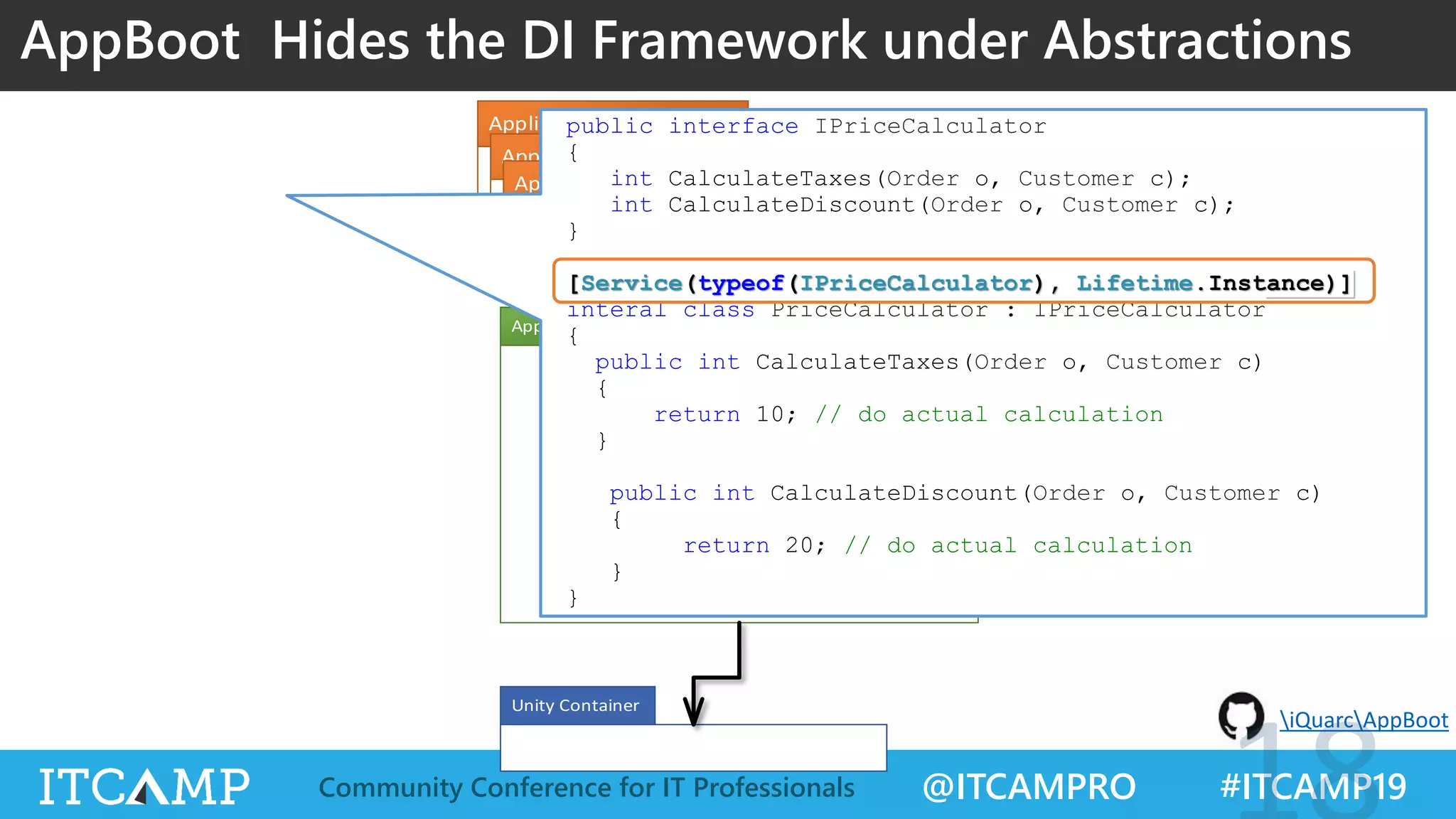 @ITCAMPRO #ITCAMP19Community Conference for IT Professionals
<<Attribute>>
ServiceAttribute
+ServiceAttribute(interface : Type )
Bootstrapper
+Run()
<<Internal>>
DependencyContainerAdapter
iQuarcAppBoot
AppBoot Hides the DI Framework under Abstractions
public interface IPriceCalculator
{
int CalculateTaxes(Order o, Customer c);
int CalculateDiscount(Order o, Customer c);
}
[Service(typeof(IPriceCalculator), Lifetime.Instance)]
interal class PriceCalculator : IPriceCalculator
{
public int CalculateTaxes(Order o, Customer c)
{
return 10; // do actual calculation
}
public int CalculateDiscount(Order o, Customer c)
{
return 20; // do actual calculation
}
}
 
