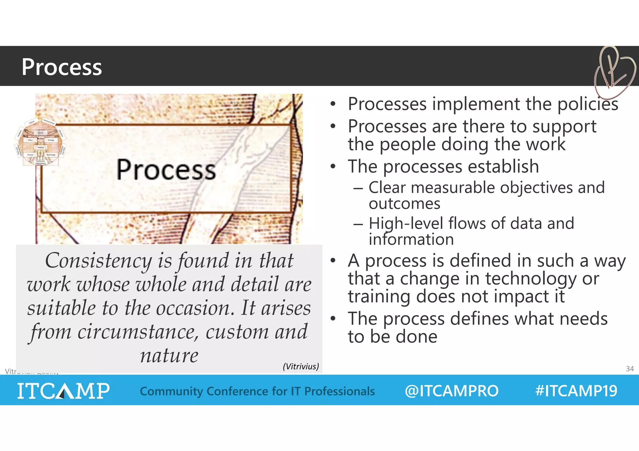 @ITCAMPRO #ITCAMP19Community Conference for IT Professionals
• Processes implement the policies
• Processes are there to support
the people doing the work
• The processes establish
– Clear measurable objectives and
outcomes
– High-level flows of data and
information
• A process is defined in such a way
that a change in technology or
training does not impact it
• The process defines what needs
to be done
Vitruvian Quality 34
Consistency is found in that
work whose whole and detail are
suitable to the occasion. It arises
from circumstance, custom and
nature
Process
(Vitrivius)
 