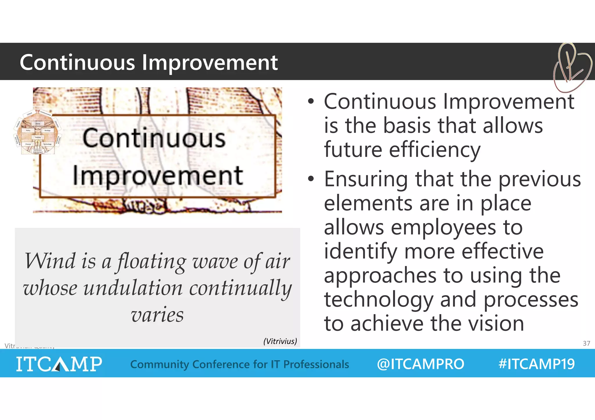 @ITCAMPRO #ITCAMP19Community Conference for IT Professionals
• Continuous Improvement
is the basis that allows
future efficiency
• Ensuring that the previous
elements are in place
allows employees to
identify more effective
approaches to using the
technology and processes
to achieve the vision
Vitruvian Quality 37
Wind is a floating wave of air
whose undulation continually
varies
Continuous Improvement
(Vitrivius)
 