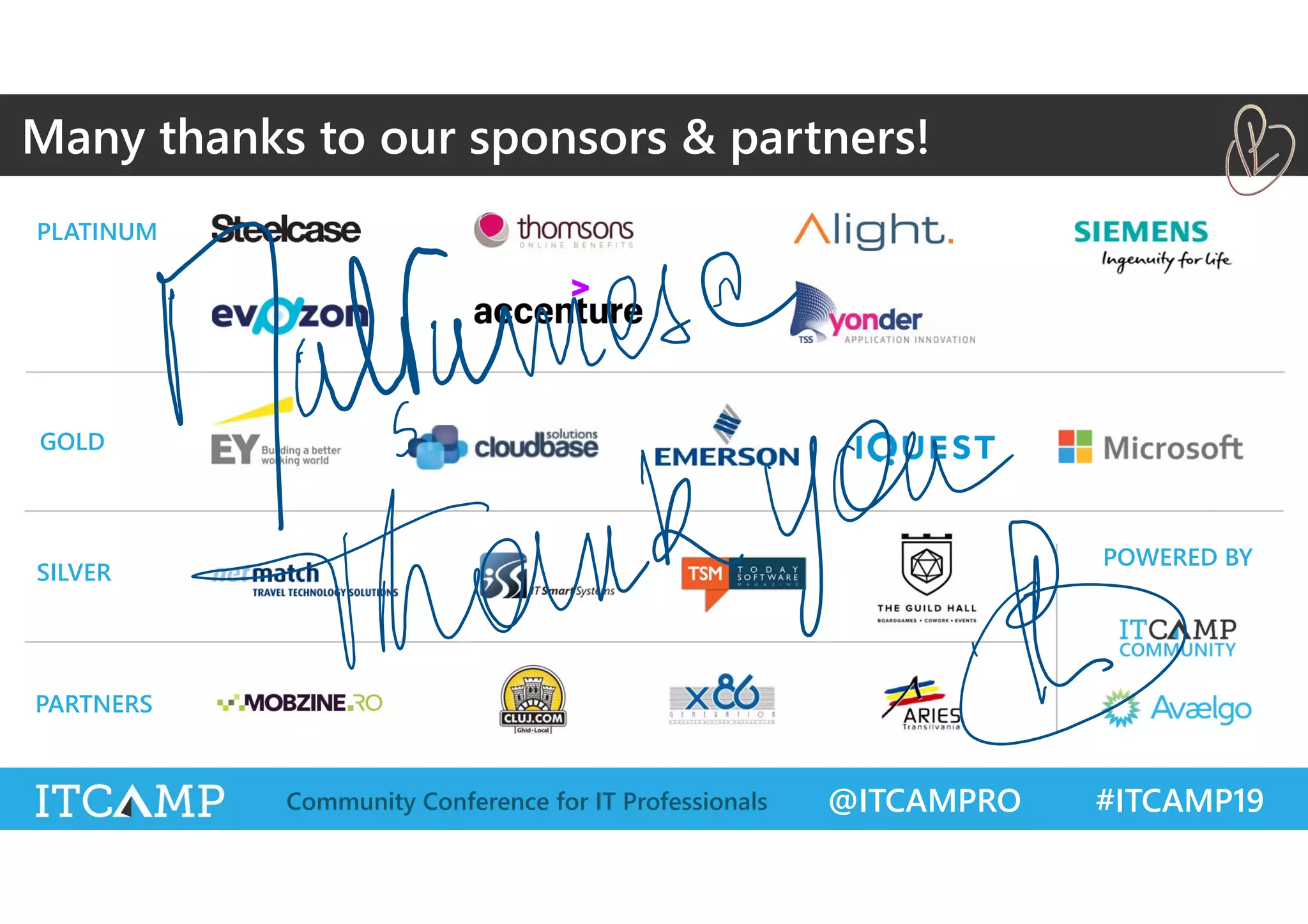 @ITCAMPRO #ITCAMP19Community Conference for IT Professionals
Many thanks to our sponsors & partners!
GOLD
SILVER
PARTNERS
PLATINUM
POWERED BY
 