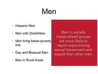 Men
• Hispanic Men
• Men with Disabilities
• Men living below poverty
line
• Gay and Bisexual Men
• Men in Rural Areas
 