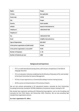 Region Prague
P.O.Box Not applicable
Postal code 170 00
City Prague
Country Czech republic
website www.itc-international.eu
Telephone 1 +420 224 817 530
Telephone 2
Fax +420 224 817 530
Email info@itc-international.eu
Type of Organization EDU-ADLT
Is the partner organisation of public body? Private
Is the partner organization a non-profit? Profit
Number of Empoyees 5 - 20
Number of Students per year 1200
Background and Experience
- ITC is an adult educational training centre, with 18 years of experience in the field of
language education
- ITC is an education institution established by the Ministry of Education of CZ, and member
of the Czech Committee for Science Management.
- ITC has a 4 year experience as a Comenius/Grundtvig in-service training courses.
- All the courses are disseminations of the previous Projects.
We are also actively participating in EU educational projects: Leonardo da Vinci Partnership,
Grundtvig Partnership, hosting for VETPRO, Mobilities of vocational schools, hosting for VET.
We already have experience working with lifelong learning programs, such as the Grundtvig and
Leonardo da Vinci PLM, Vetpro, Ldv Partnership, SVES, Comenius. We are also providing high
standard host organization services.
As a host organization ITC offers:
 
