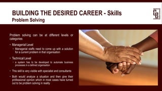 BUILDING THE DESIRED CAREER - Skills
 Problem Solving
Problem solving can be at different levels or
categories
 Managerial Level
 Managerial staffs need to come up with a solution
for a current problem in that organisation
 Technical Level
 a system has to be developed to automate business
processes in a defined organisation
 This skill is very visible with specialist and consultants
 Both would analyze a situation and then give their
professional opinion which in most cases have turned
out to be problem solving in reality
 
