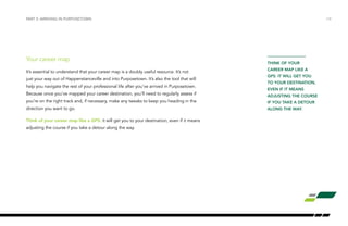 /14 
PART 2: ARRIVING IN PURPOSETOWN 
Your career map 
It’s essential to understand that your career map is a doubly useful resource. It’s not 
just your way out of Happenstanceville and into Purposetown. It’s also the tool that will 
help you navigate the rest of your professional life after you’ve arrived in Purposetown. 
Because once you’ve mapped your career destination, you’ll need to regularly assess if 
you’re on the right track and, if necessary, make any tweaks to keep you heading in the 
direction you want to go. 
Think of your career map like a GPS: it will get you to your destination, even if it means 
adjusting the course if you take a detour along the way. 
THINK OF YOUR 
CAREER MAP LIKE A 
GPS: IT WILL GET YOU 
TO YOUR DESTINATION, 
EVEN IF IT MEANS 
ADJUSTING THE COURSE 
IF YOU TAKE A DETOUR 
ALONG THE WAY. 
 