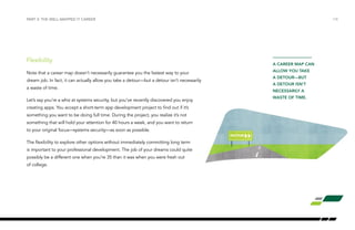 /18 
PART 3: THE WELL-MAPPED IT CAREER 
Flexibility 
Note that a career map doesn’t necessarily guarantee you the fastest way to your 
dream job. In fact, it can actually allow you take a detour—but a detour isn’t necessarily 
a waste of time. 
Let’s say you’re a whiz at systems security, but you’ve recently discovered you enjoy 
creating apps. You accept a short-term app development project to find out if it’s 
something you want to be doing full time. During the project, you realize it’s not 
something that will hold your attention for 40 hours a week, and you want to return 
to your original focus—systems security—as soon as possible. 
The flexibility to explore other options without immediately committing long term 
is important to your professional development. The job of your dreams could quite 
possibly be a different one when you’re 35 than it was when you were fresh out 
of college. 
A CAREER MAP CAN 
ALLOW YOU TAKE 
A DETOUR—BUT 
A DETOUR ISN’T 
NECESSARILY A 
WASTE OF TIME. 
 