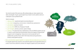 PART 3: THE WELL-MAPPED IT CAREER /20 
Your brand consists of the service you offer professionally, your values, passions, top 
skills, and strengths. To gain a good insight of your brand, it can be useful to write out 
a description of your professional self. 
Here’s an example: 
• what you offer: experienced systems security professional 
• your values: transparency, communication, trustworthiness, perseverance 
• your passions: security, innovation 
• your top skills: CISSP, Unix, Checkpoint Firewalls 
• your strengths: precision, proactive, speed, strategy 
• summary: “I’m passionate about implementing current and effective systems security 
in order to counter data loss and proactively maintain the integrity of networks both 
long-term and in emergencies. I know how to communicate with non-IT 
professionals, as well as how to inform them about best security protocols to 
enhance overall systems security.” 
Next, put all of these aspects together in a tag line that accurately sums up your brand. 
For example: Experienced, proactive, and trustworthy systems security specialist working on 
current IT and human solutions to maintain the integrity of systems and counter data loss. 
YOUR 
PROFESSIONAL 
QUALIFICATIONS 
?YOUR 
BRAND 
YOUR 
VALUES 
YOUR 
TOP SKILLS 
YOUR 
PASSIONS 
YOUR 
STRENGTHS 
 