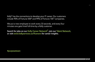 /26 
Kelly® has the connections to develop your IT career. Our customers 
include 90% of Fortune 500® and 99% of Fortune 100™ companies. 
We put a new employee to work every 33 seconds, and every four 
minutes one gets hired full-time by a Kelly customer. 
Search for jobs on our Kelly Career Network®, join our Talent Network, 
or visit www.kellyservices.us/ITcareers for career insights. 
#purposetown 
 