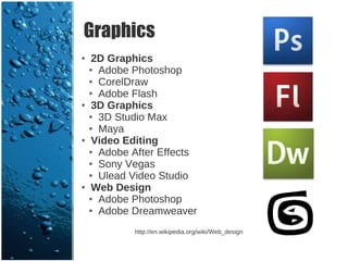 Graphics
●    2D Graphics
    ● Adobe Photoshop

    ● CorelDraw

    ● Adobe Flash

●    3D Graphics
    ● 3D Studio Max

    ● Maya

●    Video Editing
    ● Adobe After Effects

    ● Sony Vegas

    ● Ulead Video Studio

●    Web Design
    ● Adobe Photoshop

    ● Adobe Dreamweaver



            http://en.wikipedia.org/wiki/Web_design
 