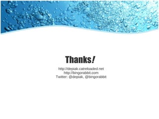 Thanks!
 http://depiak.catreloaded.net
     http://bingorabbit.com
Twitter: @depiak, @bingorabbit
 