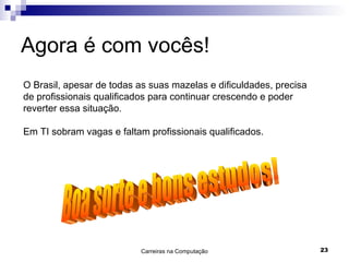 Agora é com vocês! O Brasil, apesar de todas as suas mazelas e dificuldades, precisa de profissionais qualificados para continuar crescendo e poder reverter essa situação.  Em TI sobram vagas e faltam profissionais qualificados. Boa sorte e bons estudos! 
