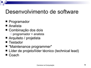 Desenvolvimento de software Programador Analista Combinação dos dois programador + analista Arquiteto / projetista Testador "Maintenance programmer" Líder de projeto/líder técnico (technical lead) Coach 
