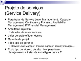 Projeto de serviços (Service Delivery) Para tratar de Service Level Management,  Capacity Management, Contingency Planning, Availability Management, IT Financial Management Arquiteto/Projetista de redes, de server farms, etc. Líder de projeto/líder técnico Gerente de projeto Todo tipo de gerente Service Level Manager, financial manager, security manager, ... Todo tipo de técnico de alto nível para fazer planejamento e tratar de estratégias com a TI 