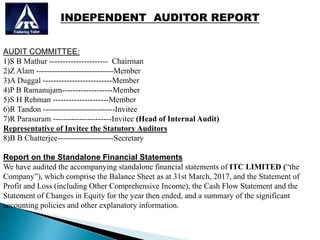 INDEPENDENT AUDITOR REPORT
AUDIT COMMITTEE:
1)S B Mathur ---------------------- Chairman
2)Z Alam -----------------------------Member
3)A Duggal --------------------------Member
4)P B Ramanujam-------------------Member
5)S H Rehman ---------------------Member
6)R Tandon ---------------------------Invitee
7)R Parasuram ----------------------Invitee (Head of Internal Audit)
Representative of Invitee the Statutory Auditors
8)B B Chatterjee---------------------Secretary
Report on the Standalone Financial Statements
We have audited the accompanying standalone financial statements of ITC LIMITED (“the
Company”), which comprise the Balance Sheet as at 31st March, 2017, and the Statement of
Profit and Loss (including Other Comprehensive Income), the Cash Flow Statement and the
Statement of Changes in Equity for the year then ended, and a summary of the significant
accounting policies and other explanatory information.
 