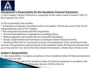 Management’s Responsibility for the Standalone Financial Statements:
1) The Company’s Board of Directors is responsible for the matters stated in Section 134(5) of
the Companies Act, 2013.
2) This responsibility also includes :
• maintenance of adequate accounting records in accordance with the provisions of the Act for
safeguarding the assets of the Company
• Preventing detecting frauds and other irregularities
• Selection and application of appropriate accounting policies;
• Making judgments and estimates that are reasonable and prudent;
• Design, implementation and maintenance of adequate internal financial controls,
• Operating effectively for ensuring the accuracy and completeness of the accounting records,
relevant to the preparation and presentation of the standalone Indian AS financial statements that
give a true and fair view and are free from material misstatement, whether due to fraud or error.
Auditor’s Responsibility:
1) Our responsibility is to express an opinion on these standalone Indian AS financial statements
based on our audit.
2) We conducted our audit of the standalone Indian AS financial statements in accordance with
the Standards on Auditing specified under Section 143(10) of the Act.
 