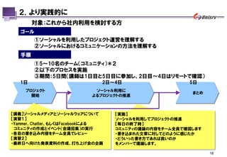 ２．より実践的に
        対象：これから社内利用を検討する方
   ゴール
        ①ソーシャルを利用したプロジェクト運営を理解する
        ②ソーシャルにおけるコミュニケーションの方法を理解する
   手順
        ①5～10名のチーム（コミュニティ）＊２
        ②以下のプロセスを実施
        ③期間：5日間（講師は1日目と5日目に参加し、2日目～4日はリモートで確認）
   1日                         2日～4日                   5日
    プロジェクト                  ソーシャル利用に
                                                       まとめ
      開始                   よるプロジェクトの推進



【講義】ソーシャルメディアとソーシャルウェアについて        【実施】
【演習１】                             ソーシャルを利用してプロジェクトの推進
・Yammer、Chatter、もしくはFacebookによる   【毎日の終了時】
 コミュニティの作成とイベント（会議招集）の実行          コミュニティの議論の内容をチーム全員で確認します
・各自の書き込み内容をチーム全員でレビュー             ・書き込まれた文章に対してどのように感じたか
【演習２】                             ・どういった書き方であれば良いのか
・最終日へ向けた発表資料の作成、打ち上げ会の企画          をメンバーで議論します。

                                                             18
 