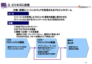 ３．ビジネスに活用
      対象：実際にソーシャルウェアを利用されるプロジェクトチーム
 ゴール
      ①ソーシャルを利用したプロジェクト運営を組織に根付かせる
      ②ソーシャルにおけるコミュニケーションをより活性化させる
 手順
      ①社内プロジェクトメンバー
      ②以下のプロセスを実施
      ③期間：5日間～１カ月程度
       講師は1日目、ウィークリーレビュー、最終日に参加します
       それ以外の日は、リモート会議などにて参加します
1日目                2日目～              最終日
プロジェクトの開始          プロジェクトの実施         まとめ
                    ・デイリーレビュー：チームの
・適用するプロジェクトを決定                       ・成果のまとめ
                    発言内容を全員でレビュー
・プロジェクトのキックオフ                        ・報告会の実施
                    ・ウィークリーレビュー：
                    習熟度の確認と
                    次週以降の進め方を検討




                                               19
 
