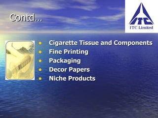Contd… Cigarette Tissue and Components Fine Printing Packaging Decor Papers   Niche Products 