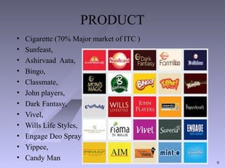 PRODUCT
• Cigarette (70% Major market of ITC )
• Sunfeast,
• Ashirvaad Aata,
• Bingo,
• Classmate,
• John players,
• Dark Fantasy,
• Vivel,
• Wills Life Styles,
• Engage Deo Spray
• Yippee,
• Candy Man
9
 