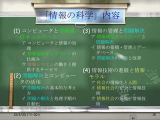 「情報の科学」内容
(1) コンピュータと情報通       (3) 情報の管理と問題解決
   信ネットワーク            ア 情報通信ネットワークと
  ア コンピュータと情報の処        問題解決
   理                  イ 情報の蓄積・管理とデー
  イ 情報通信ネットワークの        タベース
   仕組み                ウ 問題解決の評価と改善
  ウ 情報システムの働きと提
   供するサービス           (4) 情報技術の進展と情報
(2) 問題解決とコンピュー         モラル
  タの活用                ア 社会の情報化と人間
     ア 問題解決の基本的な考え    イ 情報社会の安全と情報技
        方              術
     イ 問題の解決と処理手順の    ウ 情報社会の発展と情報技
        自動化            術
     ウ モデル化とシミュレーシ
13/3/30 ョン
        23時30分                        15
 