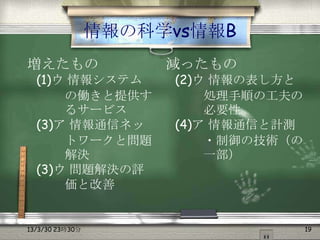 情報の科学vs情報B
増えたもの                 減ったもの
  (1)ウ 情報システム         (2)ウ 情報の表し方と
      の働きと提供す             処理手順の工夫の
      るサービス               必要性
  (3)ア 情報通信ネッ         (4)ア 情報通信と計測
      トワークと問題             ・制御の技術（の
      解決                  一部）
  (3)ウ 問題解決の評
      価と改善


13/3/30 23時30分                       19
 