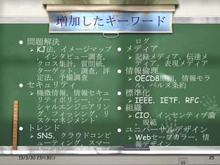 増加したキーワード
   問題解決                      ログ
    KJ法，イメージマップ  メディア
    
    ，インタビュー調査，     記録メディア，伝達メ
    クロス集計，質問紙，      ディア，表現メディア
    ターゲット，調査，評  情報倫理
    定法，予備調査        OECD8原則，情報モラ
 セキュリティ            ル，ベルヌ条約
   機微情報，情報セキュ  標準化
    リティポリシー，ソー     IEEE，IETF，RFC
    シャルエンジニアリン  組織
    グ，フィッシング，リ     CIO，インセンティブ論
    スクマネジメント        ，規範
   トレンド                 ユニバーサルデザイン
       SNS，クラウドコンピ          Webセーフカラー，情
        ューティング，スマー            報デザイン
        トフォン，マイクロブ
13/3/30 23時30分                          25
 