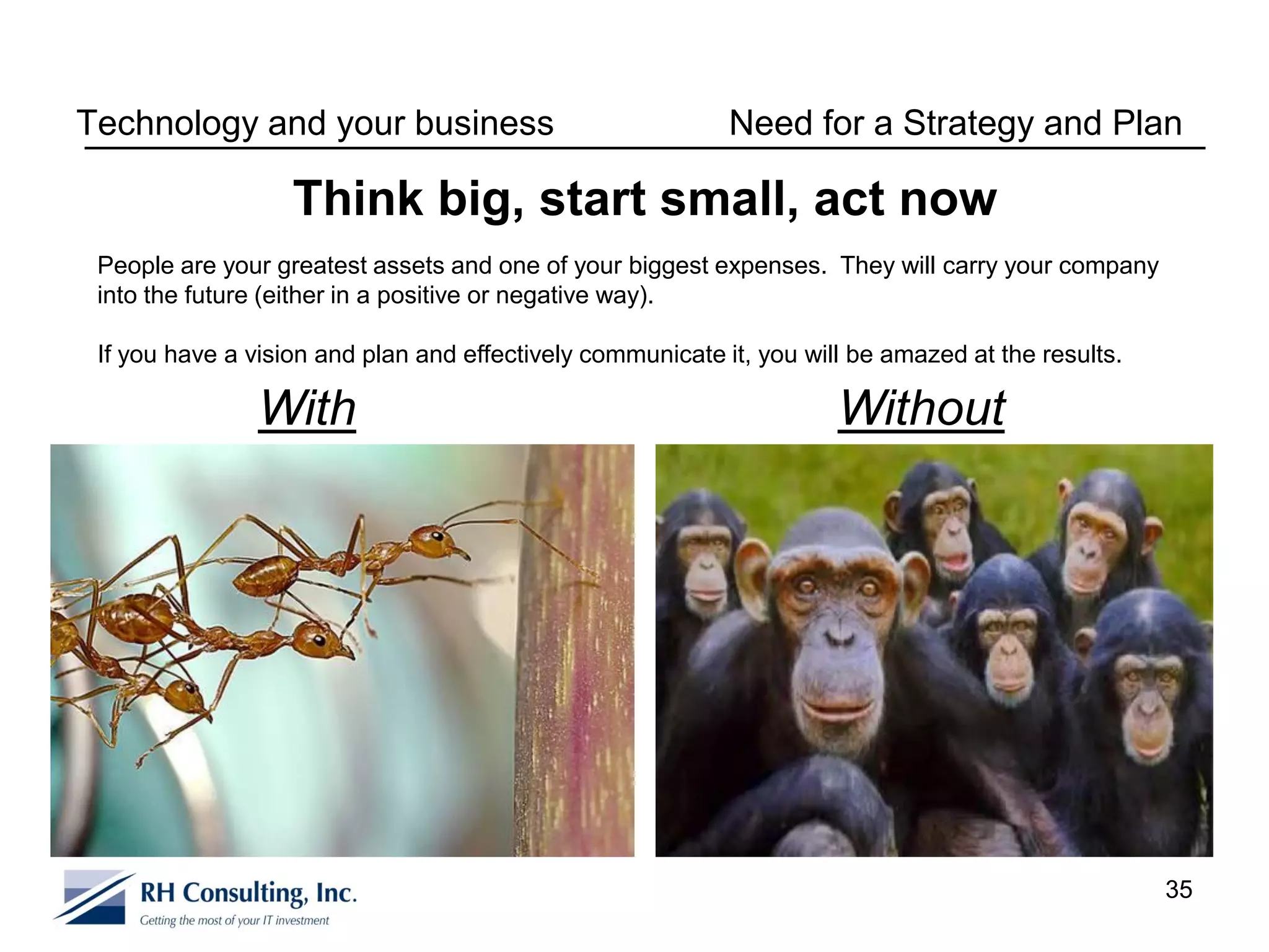 Technology and your business                                Need for a Strategy and Plan

                   Think big, start small, act now
 People are your greatest assets and one of your biggest expenses. They will carry your company
 into the future (either in a positive or negative way).

 If you have a vision and plan and effectively communicate it, you will be amazed at the results.

                With                                                  Without




                                                                                                    35
 