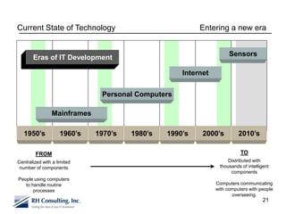 Current State of Technology                             Entering a new era


                                                                    Sensors
       Eras of IT Development

                                                   Internet


                              Personal Computers

                Mainframes

   1950’s           1960’s   1970’s   1980’s   1990’s    2000’s         2010’s

        FROM                                                             TO
Centralized with a limited                                         Distributed with
 number of components                                          thousands of intelligent
                                                                    components
People using computers
   to handle routine                                          Computers communicating
       processes                                              with computers with people
                                                                     overseeing.
                                                                                    21
 