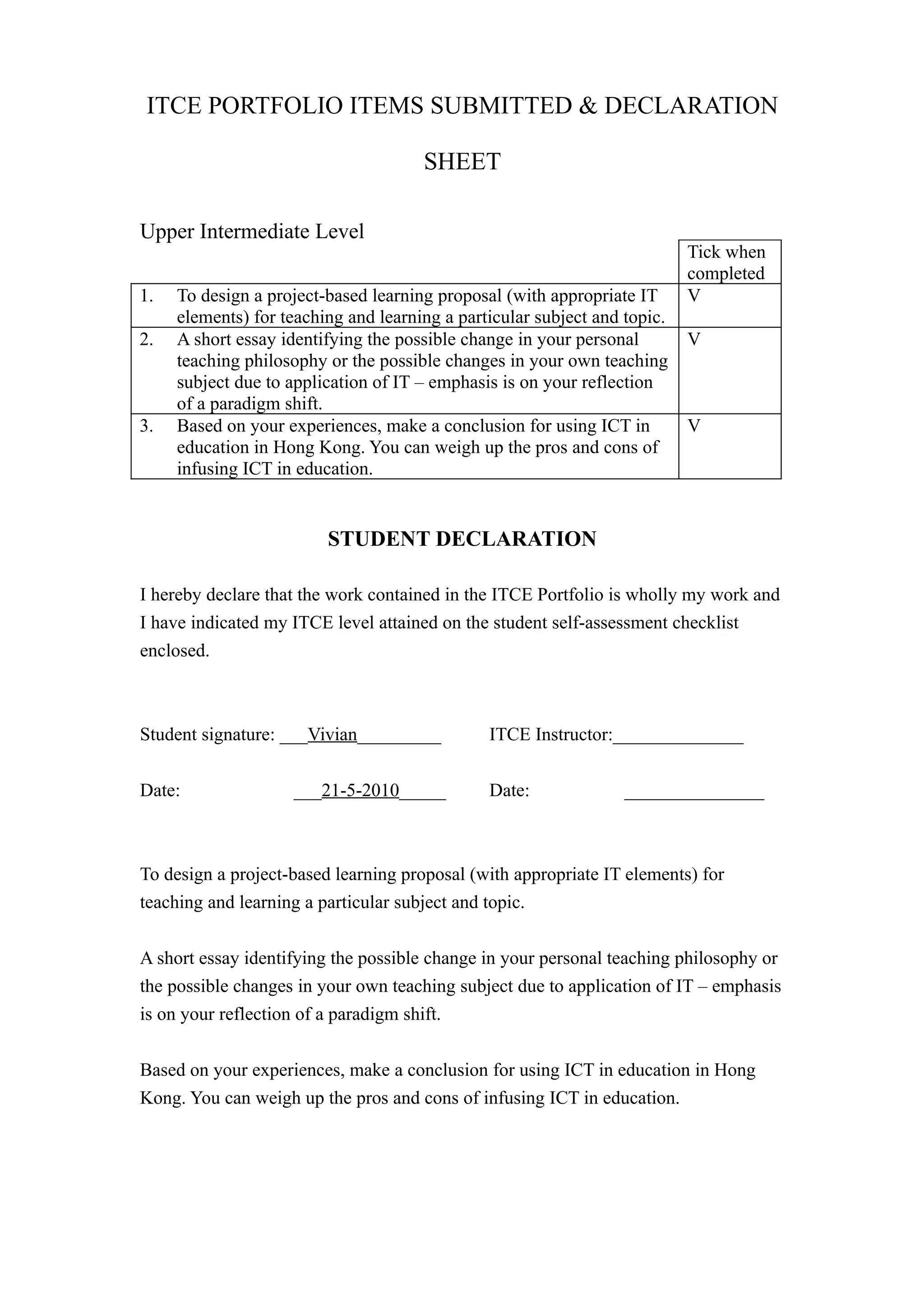 ITCE Portfolio items submitted & declaration sheet UIIT | DOC