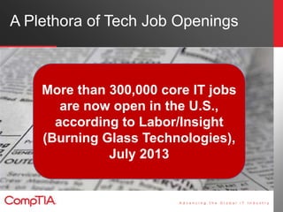 A Plethora of Tech Job Openings
More than 300,000 core IT jobs
are now open in the U.S.,
according to Labor/Insight
(Burning Glass Technologies),
July 2013
 
