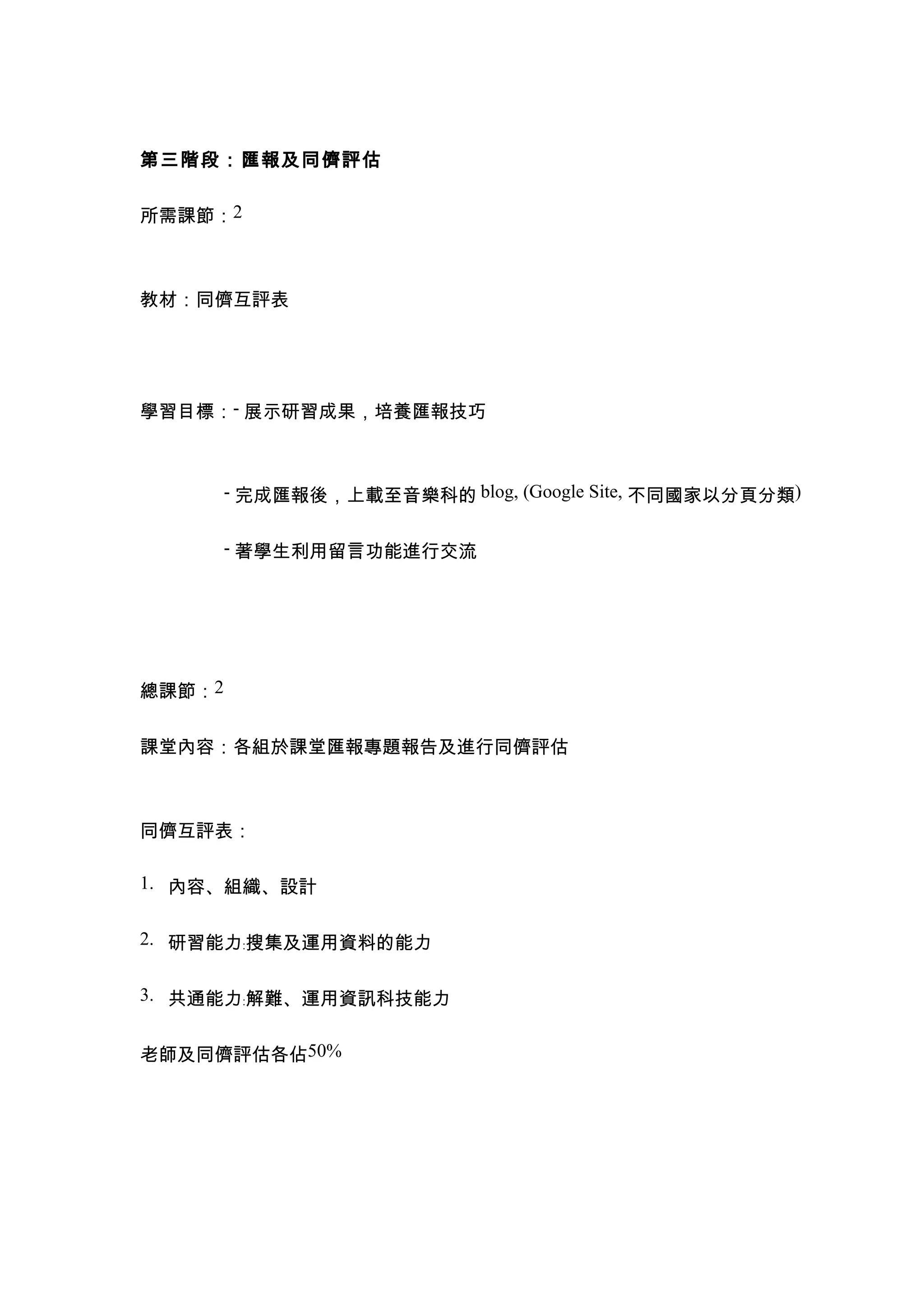 第三階段：匯報及同儕評估


所需課節：2



教材：同儕互評表




學習目標：- 展示研習成果，培養匯報技巧



     - 完成匯報後，上載至音樂科的 blog, (Google Site, 不同國家以分頁分類)

     - 著學生利用留言功能進行交流




總課節：2


課堂內容：各組於課堂匯報專題報告及進行同儕評估



同儕互評表：

1. 內容、組織、設計


2. 研習能力﹕搜集及運用資料的能力


3. 共通能力﹕解難、運用資訊科技能力


老師及同儕評估各佔50%
 