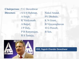 Chairperson : Y C Deveshwar
Directors
: S S H Rehman,
A Singh,
K Vaidyanath,
A Baijal,
J P Daly,
P B Ramanujan,
R S Tarneja,

Nakul Anand,
PV Dhobale,
K N Grant,
B Vijayaraghavan
H G Powell,
B Sen,

CEO, Yogesh Chander Deveshwar

 