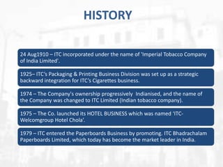 HISTORY
24 Aug1910 – ITC incorporated under the name of 'Imperial Tobacco Company
of India Limited'.
1925– ITC’s Packaging & Printing Business Division was set up as a strategic
backward integration for ITC’s Cigarettes business.
1974 – The Company's ownership progressively Indianised, and the name of
the Company was changed to ITC Limited (Indian tobacco company).

1975 – The Co. launched its HOTEL BUSINESS which was named ‘ITCWelcomgroup Hotel Chola’.
1979 – ITC entered the Paperboards Business by promoting. ITC Bhadrachalam
Paperboards Limited, which today has become the market leader in India.

 