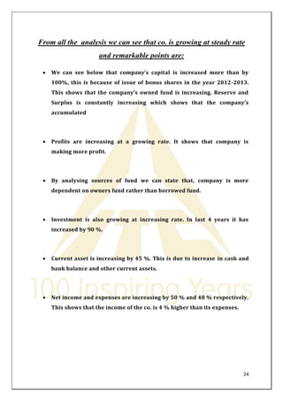 24 
From all the analysis we can see that co. is growing at steady rate and remarkable points are: 
 We can see below that company’s capital is increased more than by 100%, this is because of issue of bonus shares in the year 2012-2013. This shows that the company’s owned fund is increasing. Reserve and Surplus is constantly increasing which shows that the company’s accumulated 
 Profits are increasing at a growing rate. It shows that company is making more profit. 
 By analysing sources of fund we can state that, company is more dependent on owners fund rather than borrowed fund. 
 Investment is also growing at increasing rate. In last 4 years it has increased by 90 %. 
 Current asset is increasing by 45 %. This is due to increase in cash and bank balance and other current assets. 
 Net income and expenses are increasing by 50 % and 48 % respectively. This shows that the income of the co. is 4 % higher than its expenses. 
 