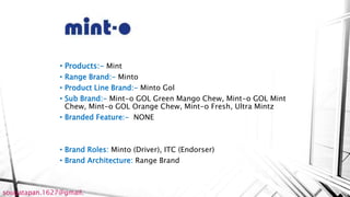 • Products:- Mint
• Range Brand:- Minto
• Product Line Brand:- Minto Gol
• Sub Brand:- Mint-o GOL Green Mango Chew, Mint-o GOL Mint
Chew, Mint-o GOL Orange Chew, Mint-o Fresh, Ultra Mintz
• Branded Feature:- NONE
• Brand Roles: Minto (Driver), ITC (Endorser)
• Brand Architecture: Range Brand
sougatapan.1627@gmail.
 