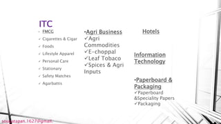 • FMCG
 Cigarettes & Cigar
 Foods
 Lifestyle Apparel
 Personal Care
 Stationary
 Safety Matches
 Agarbattis
•Agri Business
Agri
Commodities
E-choppal
Leaf Tobaco
Spices & Agri
Inputs
Hotels
Information
Technology
•Paperboard &
Packaging
Paperboard
&Speciality Papers
Packaging
ITC
sougatapan.1627@gmail.
 
