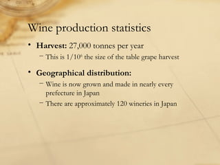 Wine production statistics
• Harvest: 27,000 tonnes per year
− This is 1/10th
the size of the table grape harvest
• Geographical distribution:
− Wine is now grown and made in nearly every
prefecture in Japan
− There are approximately 120 wineries in Japan
 