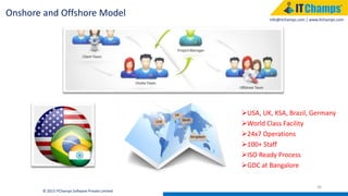 info@itchamps.com | www.itchamps.com
36
© 2015 ITChamps Software Private Limited
Onshore and Offshore Model
USA
Bangalore
Saudi
UK USA, UK, KSA, Brazil, Germany
World Class Facility
24x7 Operations
100+ Staff
ISO Ready Process
GDC at Bangalore
 