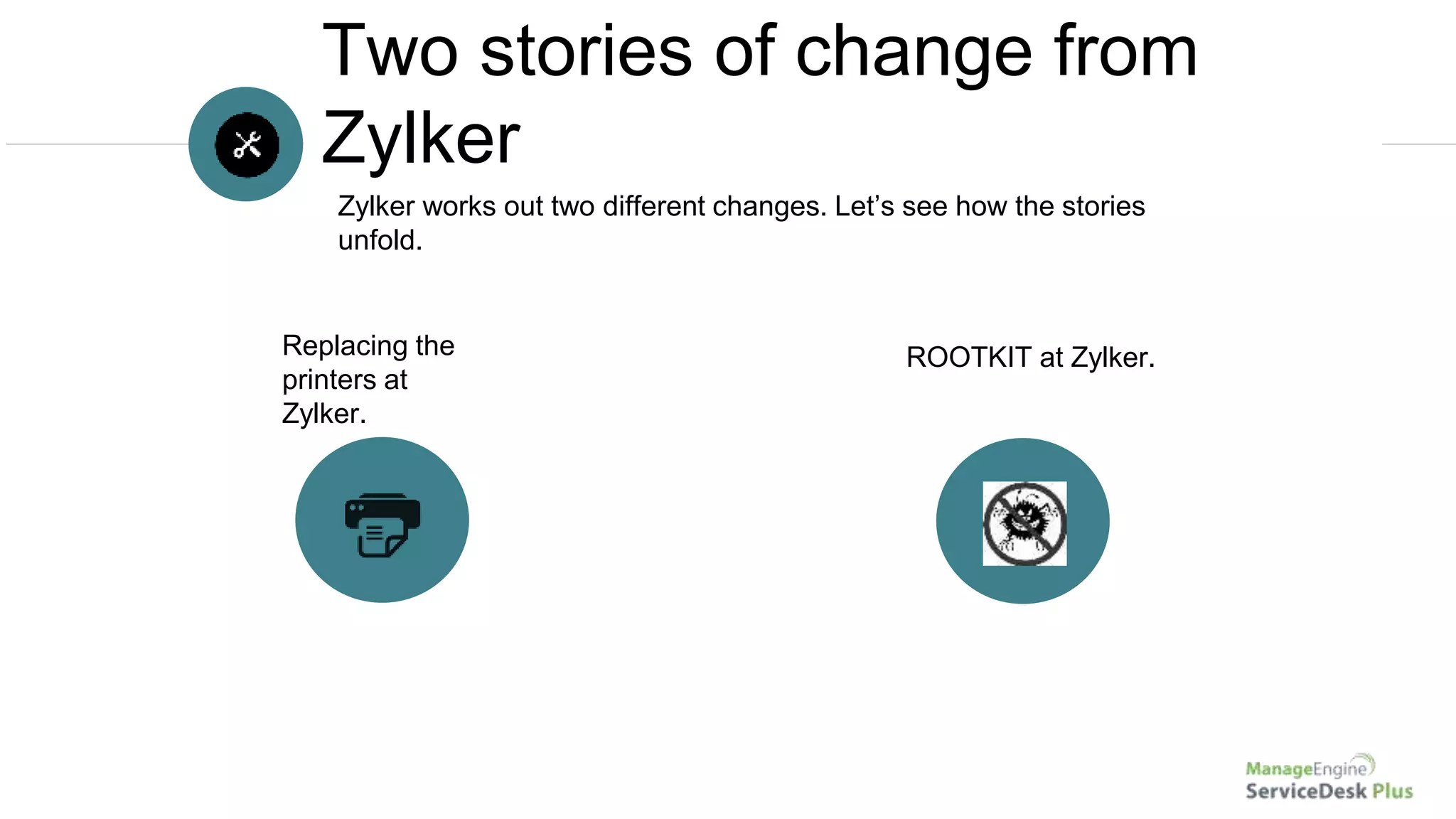 Zylker works out two different changes. Let’s see how the stories
unfold.
Two stories of change from
Zylker
Replacing the
printers at
Zylker.
ROOTKIT at Zylker.
 