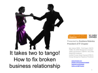 It takes two to tango!
How to fix broken
business relationship
Presented by Svetlana Sidenko
President of IT Chapter
1	
  
www.itchapter.com
linkedin.com/company/it-chapter
facebook.com/itchapter
twitter.com/@ITchapter
MsC (Admin) PMP® , ITIL® Expert, CGEIT®
ITSM®, ISO 20000 Management Consultant
TIPA® Lead Assessor, COBIT® 5, ISO 27002
PRINCE2® Practitioner,
Certified Process Design Engineer(CPDE) ®,
Change Management Registered Practitioner
 