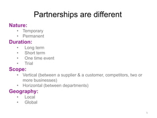 Partnerships are different
Nature:
•  Temporary
•  Permanent
Duration:
•  Long term
•  Short term
•  One time event
•  Trial
Scope:
•  Vertical (between a supplier & a customer, competitors, two or
more businesses)
•  Horizontal (between departments)
Geography:
•  Local
•  Global
5	
  
 