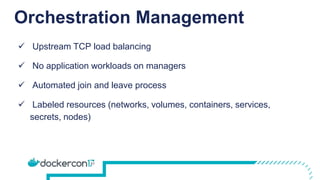Orchestration Management
 Upstream TCP load balancing
 No application workloads on managers
 Automated join and leave process
 Labeled resources (networks, volumes, containers, services,
secrets, nodes)
 