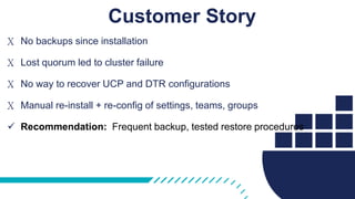 Customer Story
X No backups since installation
X Lost quorum led to cluster failure
X No way to recover UCP and DTR configurations
X Manual re-install + re-config of settings, teams, groups
 Recommendation: Frequent backup, tested restore procedures
 
