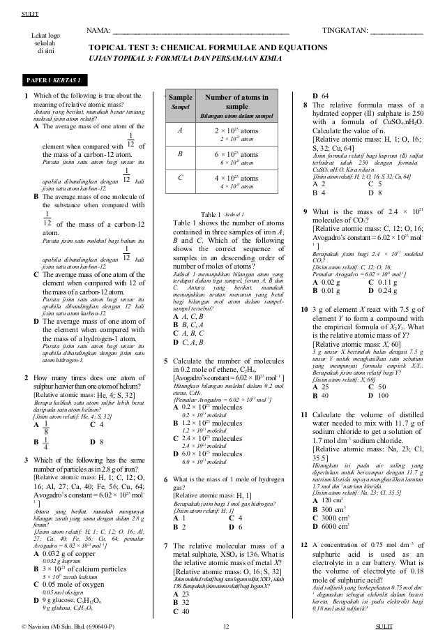 Chemistry form 4 topical question 3