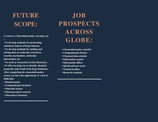 FUTURE
SCOPE:
JOB
PROSPECTS
ACROSS
GLOBE:
A course in Chemoinformatics can help you
–
• To develop methods for performing
statistical analysis of large datasets.
• To develop methods for making and
storing data on molecular structures,
reaction mechanisms, molecular
interactions, etc.
• To work as researchers in the laboratory.
• It will even help you to identify chemical
properties and trends from large databases.
After completing the chemoinformatics
course you have the opportunity to work in
fields like-
• Bioinformatics
• Computational chemistry
• Materials science
• Pharmaceutical research
• Theoretical chemistry
• Chemoinformatics scientist
• Computational chemist
• Chemical data scientist
• Information analyst
• Information officer
• QSAR software tester
• Technical editor
• Research assistant
 