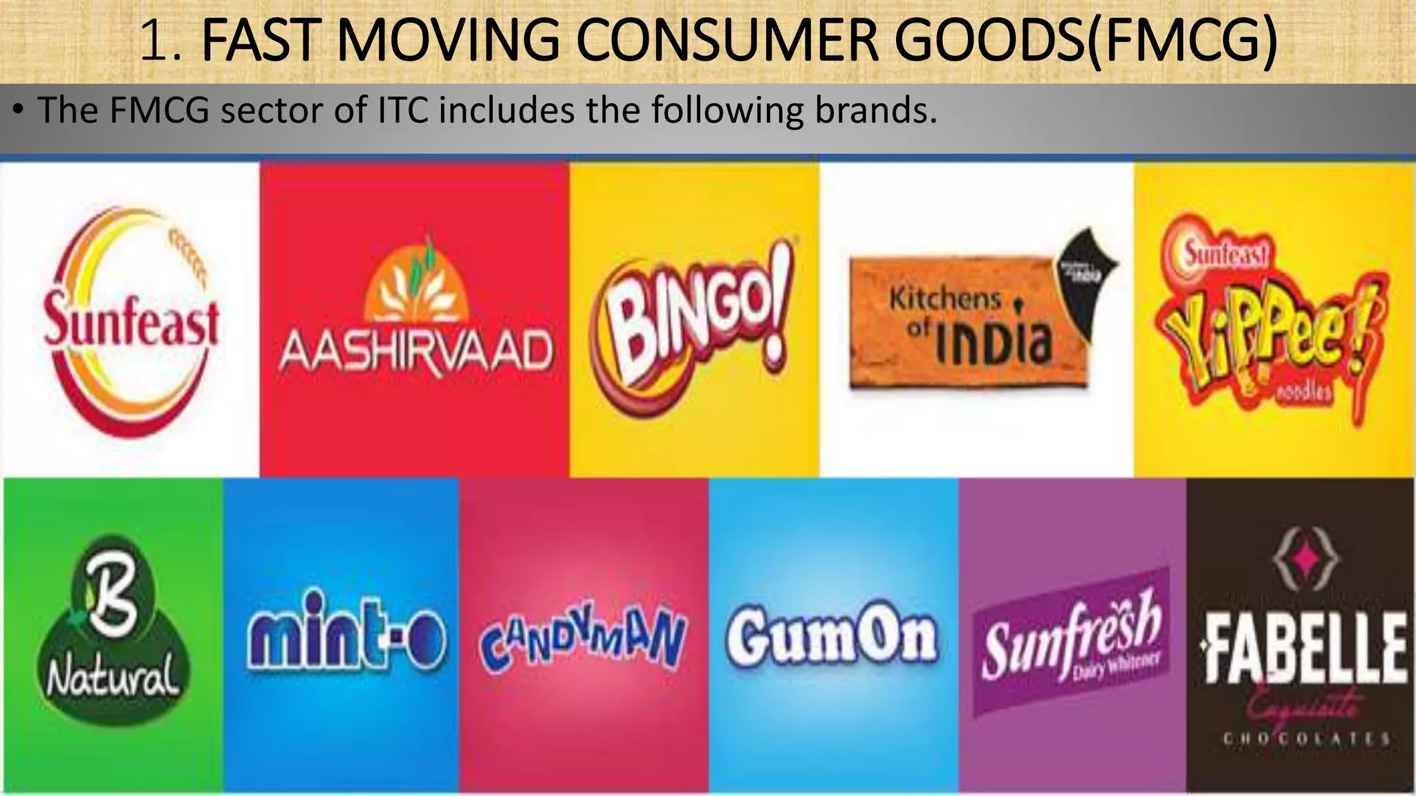 1. FAST MOVING CONSUMER GOODS(FMCG)
• The FMCG sector of ITC includes the following brands.
 